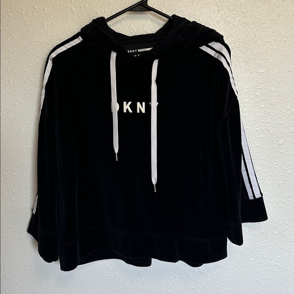 DKNY Black Velour Pullover Hoody with White Stripe Details Size Medium - Picture 3 of 10